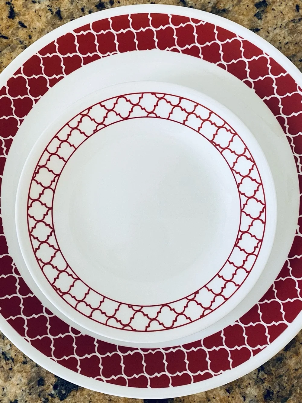 7- Pieces -Corelle Crimson Trellis RedAnd white Dinner Ware Made in the USA